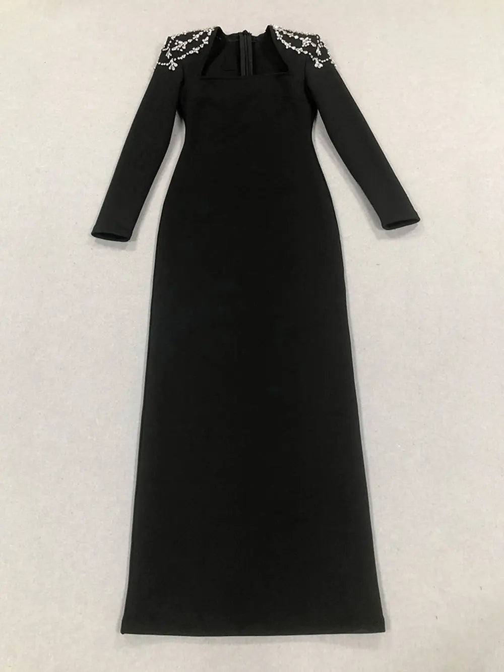 2024 Elegant Women Light Luxury Diamond Design Bandage Dress Square Neck Long Sleeve Bodycon Long Dress Christmas Party Vestidos black