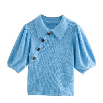 European and American style winter French fashion temperament blue collar base shirt button up knit top