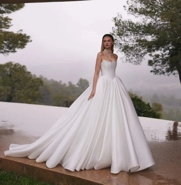 Elegant Princess Wedding Dress Strapless Sleeveless Pleated Lace Up Satin A Line Bride Bridal Formal Grown Vestidos De Noiva