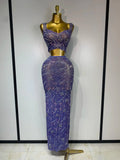 Women Sexy Two Pieces Set Celebrity Luxury Rhinestone Nightclub Skirt Suits Singer Dancer Stage Costume Evening Club Party Gowns ROYAL BLUE