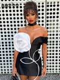2024 Sexy Women's 3D Flower Bandage Dress Shoulderless Short Sleeve Bodycon Backless Mini Dress Cocktail Evening Party Vestidos