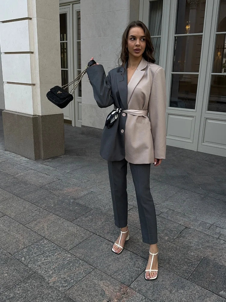 Patchwork Suit Jacket Pants 2 Pcs Suits Women Elegant Lapel Long Sleeve Single Breasted Blazer Pencil Trousers Autumn New Outfit