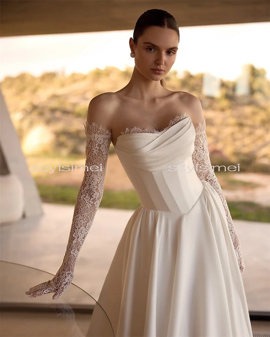 Fashion Lace Sleeves A Line Wedding Dresses Strapless Satin Bridal Gown Evening Dress For Wedding Customized vestido de noiva r