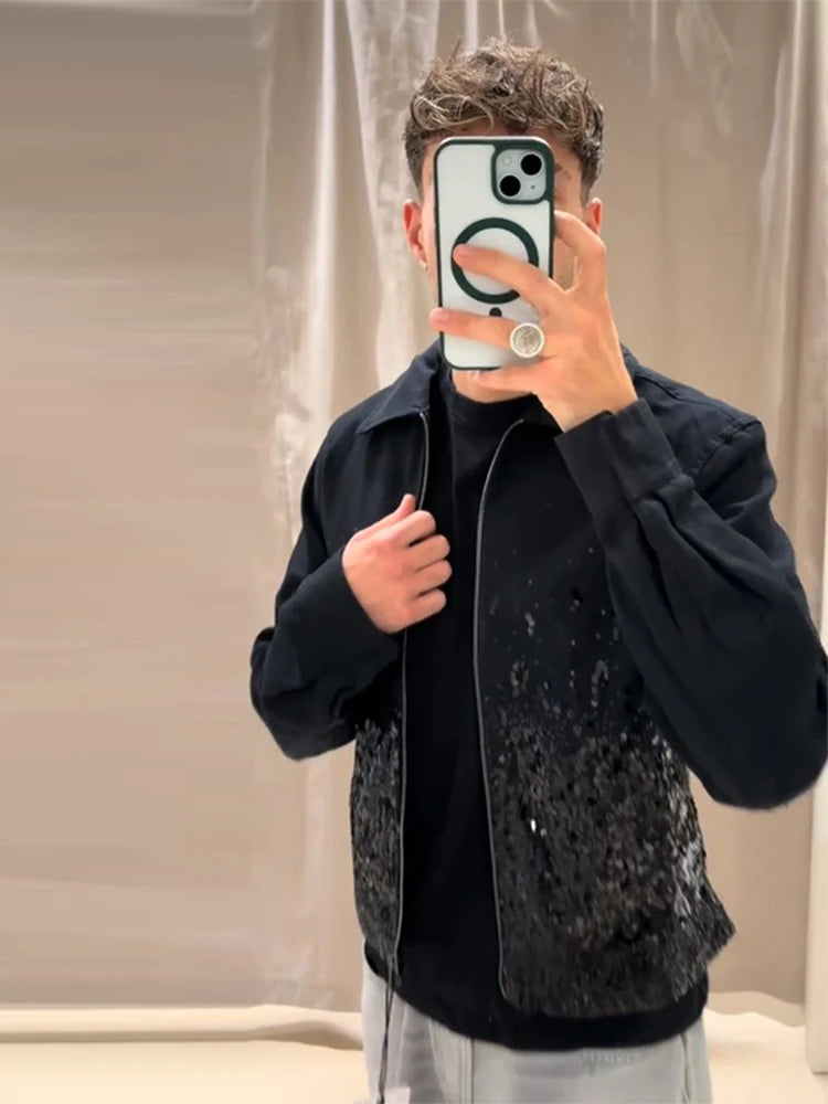Men's Bomber Coats Sequined Lapel Zipper Jacket Autumn 2025 Shining Long Sleeve Loose Jackets Fashion Party Nightclub Outerwears