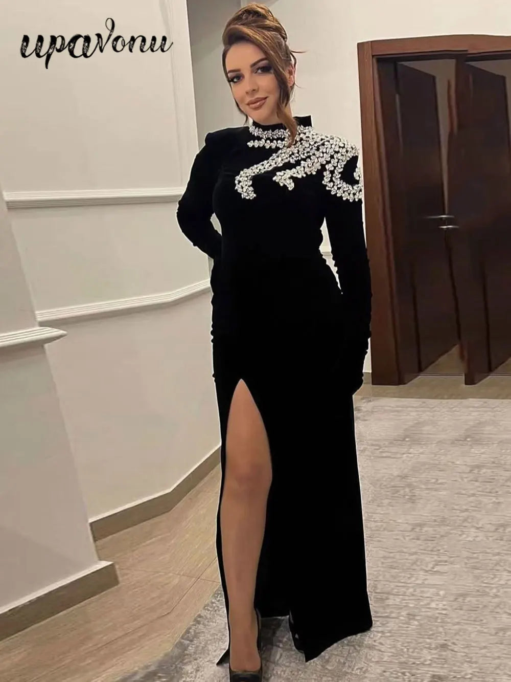 2024 Elegant Women's Light Luxury Diamond Design Bandage Dress with Stand Collar Long Sleeve Bodycon Split Length Dress Vestidos