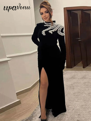 2024 Elegant Women's Light Luxury Diamond Design Bandage Dress with Stand Collar Long Sleeve Bodycon Split Length Dress Vestidos