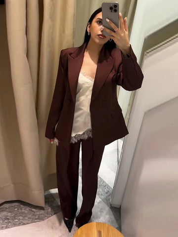 Women's 2 Pcs Suits Solid Satin Blazer Pants Sets Street Female Lapel Slim Bomber Jackets High Waist Pants Early Spring Outfits