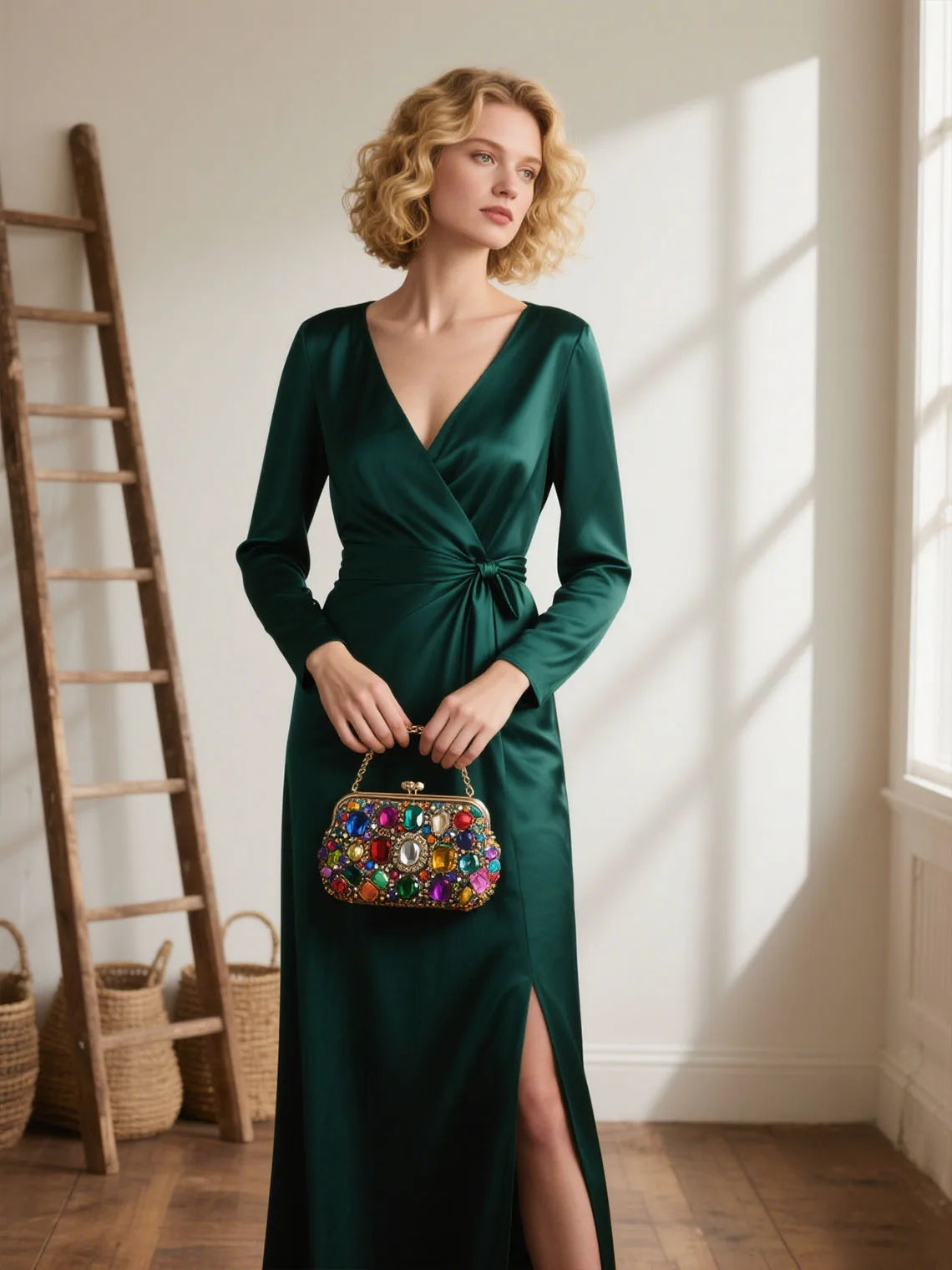 Mother Of The Bride Dress - Sexy V Neck Long Sleeves Satin Evening Dress High Split Elegant Ankle Length Mother of the Bride Dress 2025 free customized