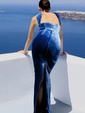 2025 Spring Sexy Women's Hanging Neck Sleeveless Blue Velvet Dress Fashion Bodycon Backless Long Dresses Evening Party Vestidos