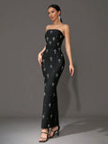 2024 Sexy Women'S Light Luxury Rhinestone Bandage Dress Strapless Sleeveless Bodycon Backless Long Dress Christmas Party Vestido