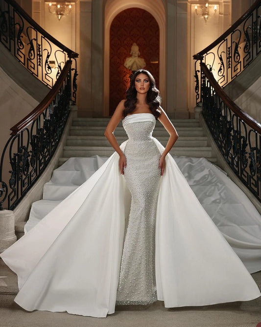Aso Ebi Mermaid Wedding Dress With Detachable Train Strapless Pearls Bridal Dresses Church Bride Gown vestidos de novia