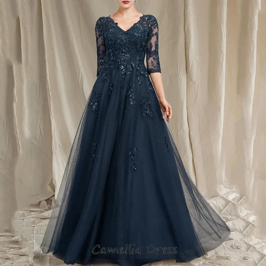 Elegant Formal Mother Of The Bride Dress A Line Tulle Applique New Floor Length Wedding Party Gown Vestidos Para Madrina As Picture 2