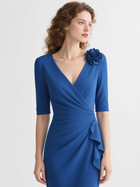 Mother Of The Bride Dress - Elegant Sheath V Neck Stretch Mother of the Bride Dress Classic Tea Length 3/4 Sleeve Flower Wedding Guest 2025 Free Customized