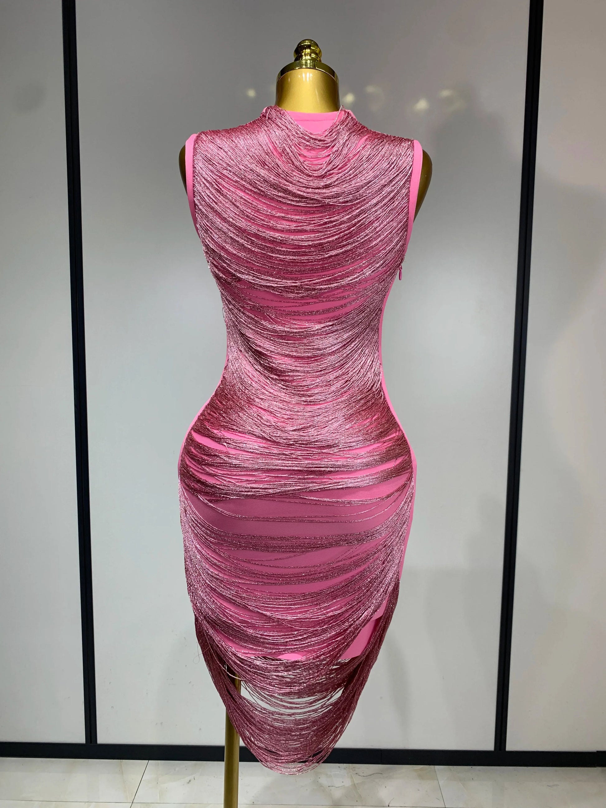 Women Sexy Tassel Pink Mini Bodycon Bandage Dress 2025 Celebrity Designer Fashion Party Evening Nightclub Dresses Cocktail Gowns