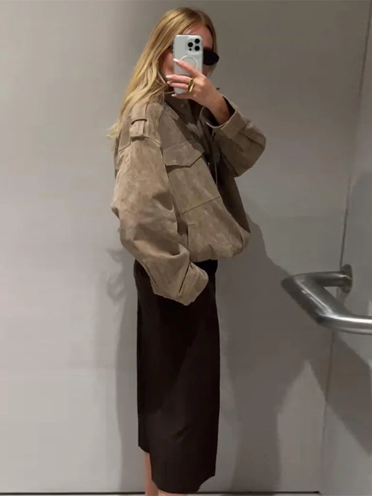 Street Solid Loose Women's Suede Coats Stand Collar Long Sleeve Zipper Pockets Patchwork Jacket New Fashion Lady Locomotive Tops