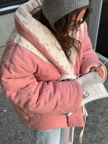 Street Printed Loose Women's Warm Coats Lapel Long Sleeve Lace Up Patchwork Quilted Jackets Fashion Ladies Winter Outerwear New