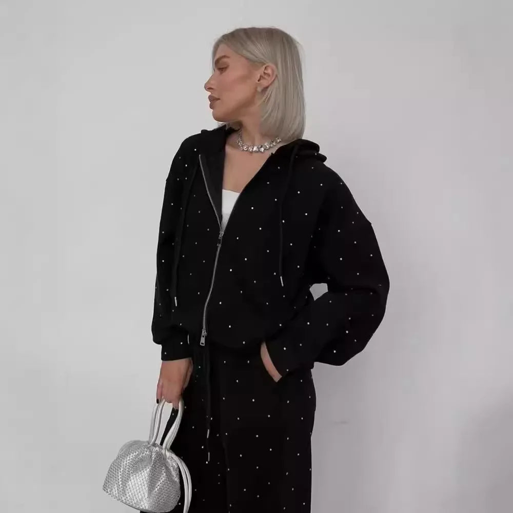 Black Sport Suits for Women Zipper Hoodie And Pants Set Polka Dot 2 Piece Sets Sportswear Casual Outfit Tracksuit for Women