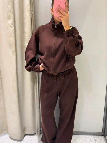 Women's Tracksuit Stand Collar Sweatshirt Pants 2 Pcs Suits Autumn 2025 Zipper Loose Pullover Drawstring Trousers Chic Lady Sets