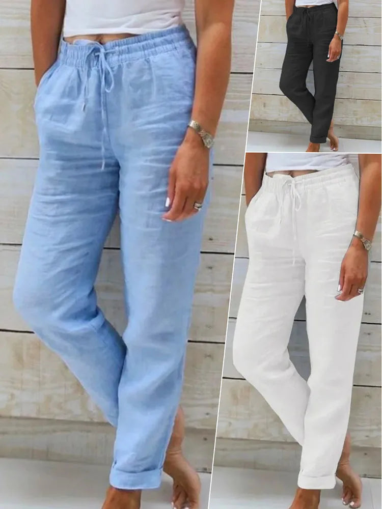 2025 Cotton Linen Summer Pants Women High Waist Elastic Casual Trousers Fashion Streetwear Breathable Female Loose Pencil Pants