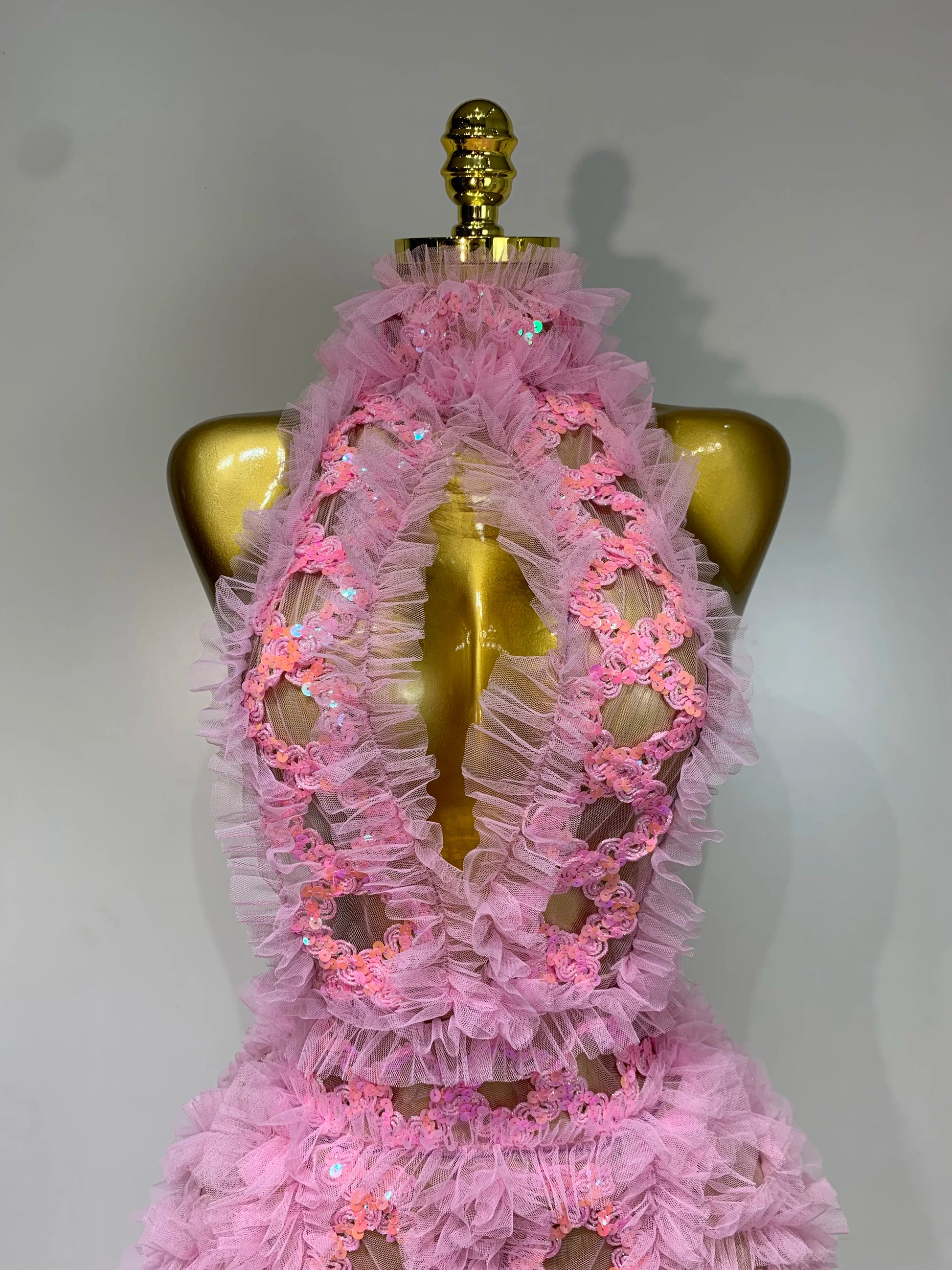 Mesh Sequins Sexy Backless Halter See Through Dress Birthday Evening Party Prom Nightclub Singer Stage Performance Costume