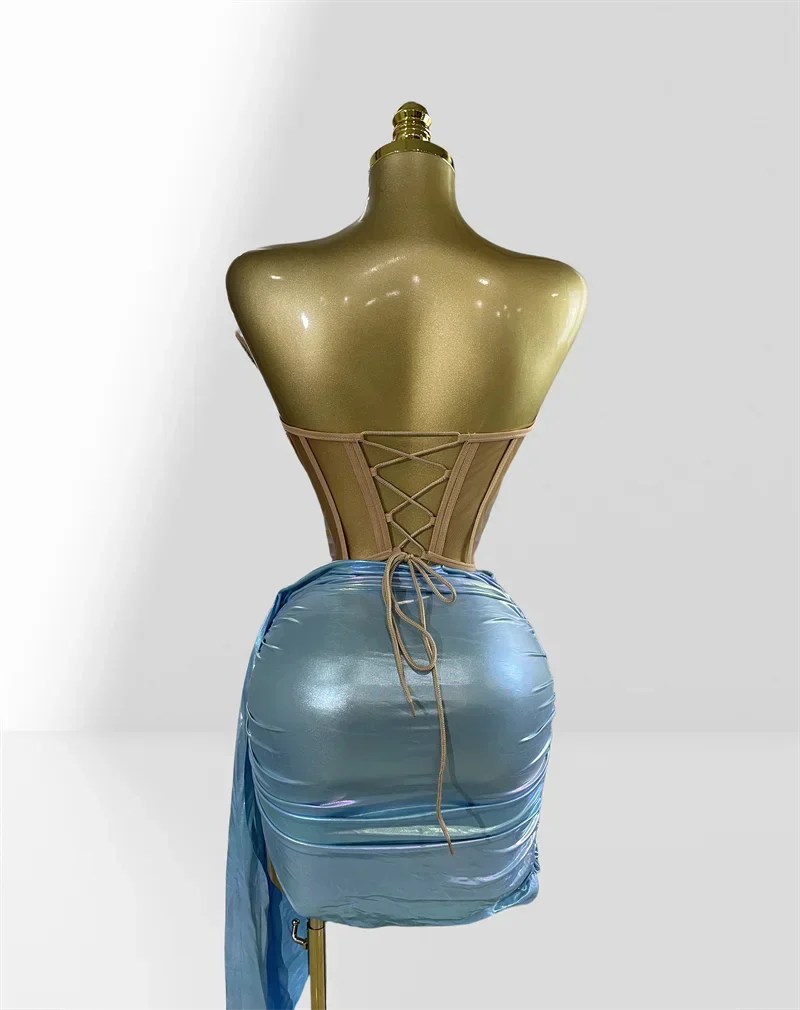 Fashionable Mirror Luxurious Rhinestone Lace -up Top And Mini Skirt Set 2 Pieces Woman Birthday Vestido Music Festival Outfit