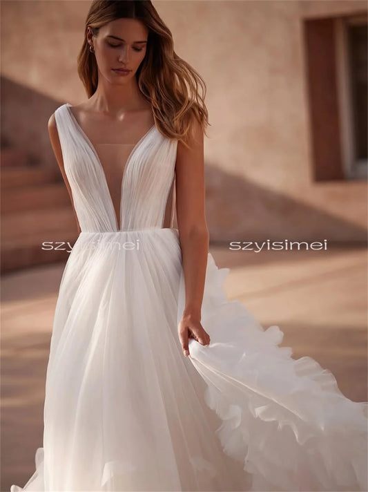 A Line Tull Wedding Dress with V Neck 2026 Bridal Gown Customized vestido largo invitada boda Roycebridal