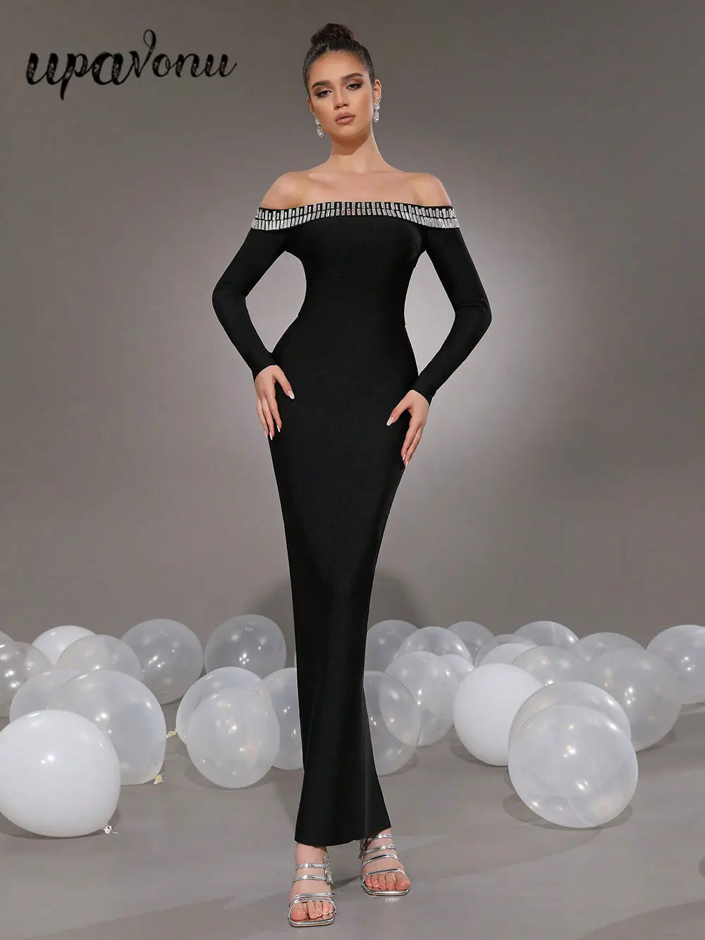 2025 Elegant Women's Light Luxury Nail Bead Bandage Dress with One Piece Collar Shoulder Long Sleeve Bodycon Bareback Long Dress