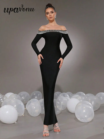 2025 Elegant Women's Light Luxury Nail Bead Bandage Dress with One Piece Collar Shoulder Long Sleeve Bodycon Bareback Long Dress