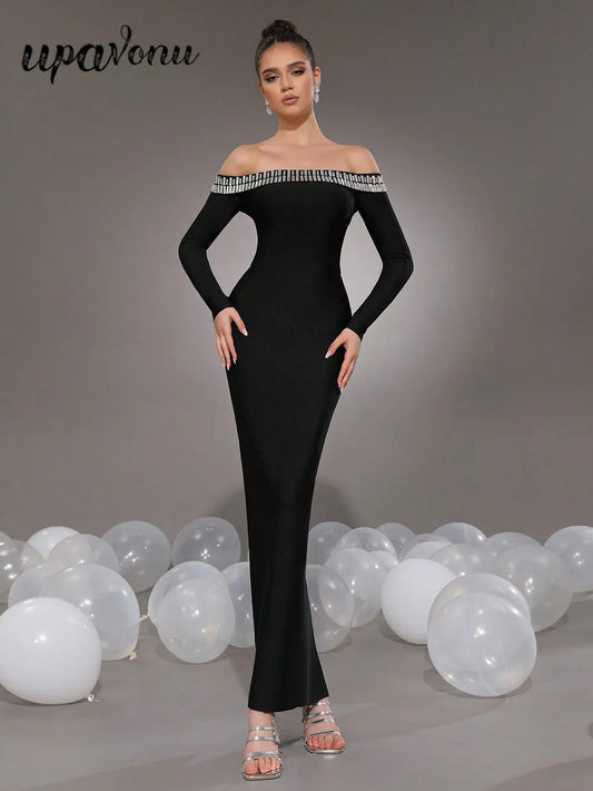 2025 Elegant Women's Light Luxury Nail Bead Bandage Dress with One Piece Collar Shoulder Long Sleeve Bodycon Bareback Long Dress