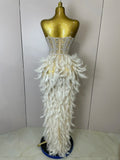 Women Sexy Sparkly Rhinestone Mesh Feather Long Dress Elegant Evening Party Celebrate Birthday Performance Costume
