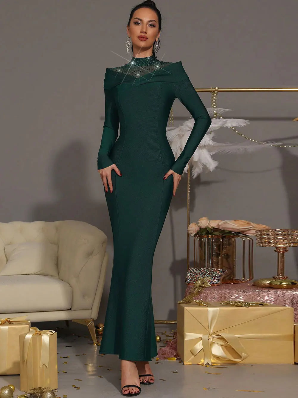 2025 Elegant Women's Wear Light Luxury Hot Diamond Tulle Patchwork Bandage Dress Stand Collar Long Sleeve Bodycon Long Dresses