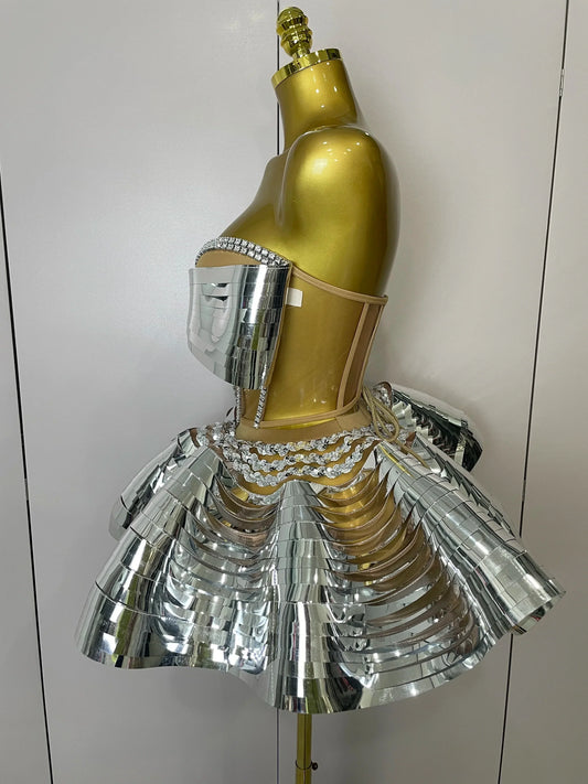 Women Silver Sequins Rhinestone Sexy Backless Two Piece Set Birthday Party Club Fancy Outfit Stage Performance Costume