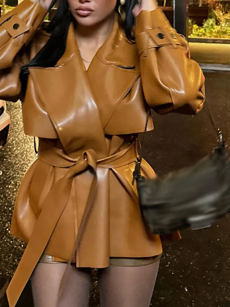 Women's Leather Jacket V-neck Lace Up PU Short Coats Fashion Female Lapel Waist Cinching Club Partywear New Chic Lady Outerwears