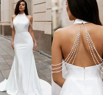 Elegant Wedding Dress Halter Sleevless Beading Mermaid Open Back Satin Woman Bride Dresses Bridal Gowns Robe Mariage