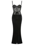 Women'S Sling Velvet Long Dress Sexy See Through Lace Slim Fishbone Dress Elegant Celebrity Evening Party Gowns
