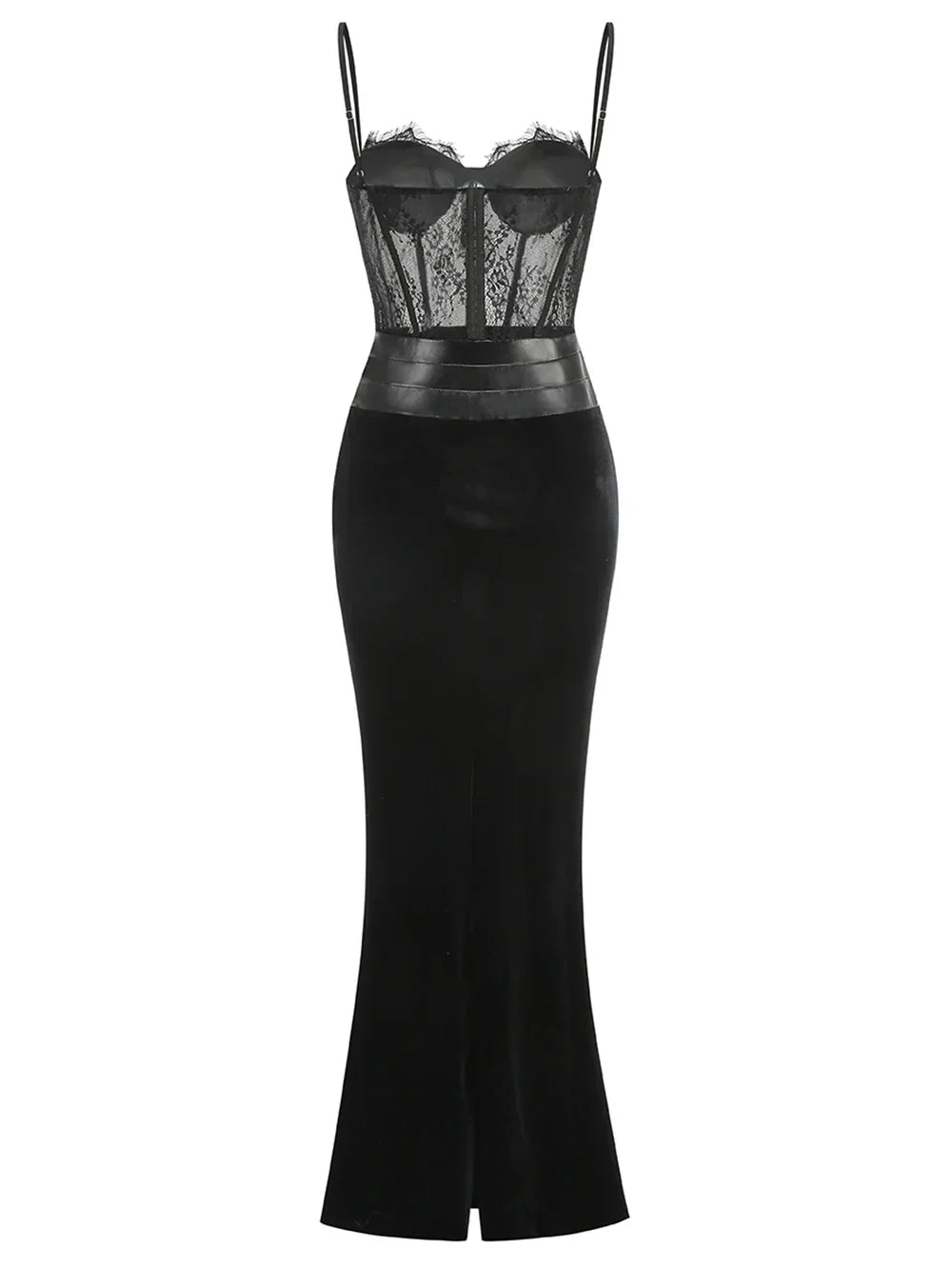 Women'S Sling Velvet Long Dress Sexy See Through Lace Slim Fishbone Dress Elegant Celebrity Evening Party Gowns