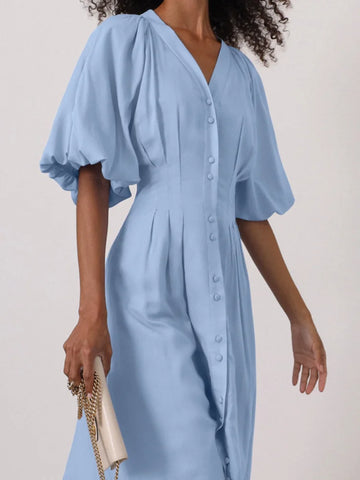 Elegant Solid Slim Women's Long Dresses V-neck Puff Short Sleeve Waist Cinching Single Breasted Pleated Partywear New Lady Robes