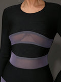 2025 Sexy Women Purple Mesh Patchwork Bandage Dress O-Neck Long Sleeved Slim Fit Pleated Long Dress Evening Club Party Vestido