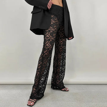 Sexy See Through Lace Wide Leg Pants Women Summer High Waist Hollow Out Black White Trousers Streetwear Chic Straight Long Pants
