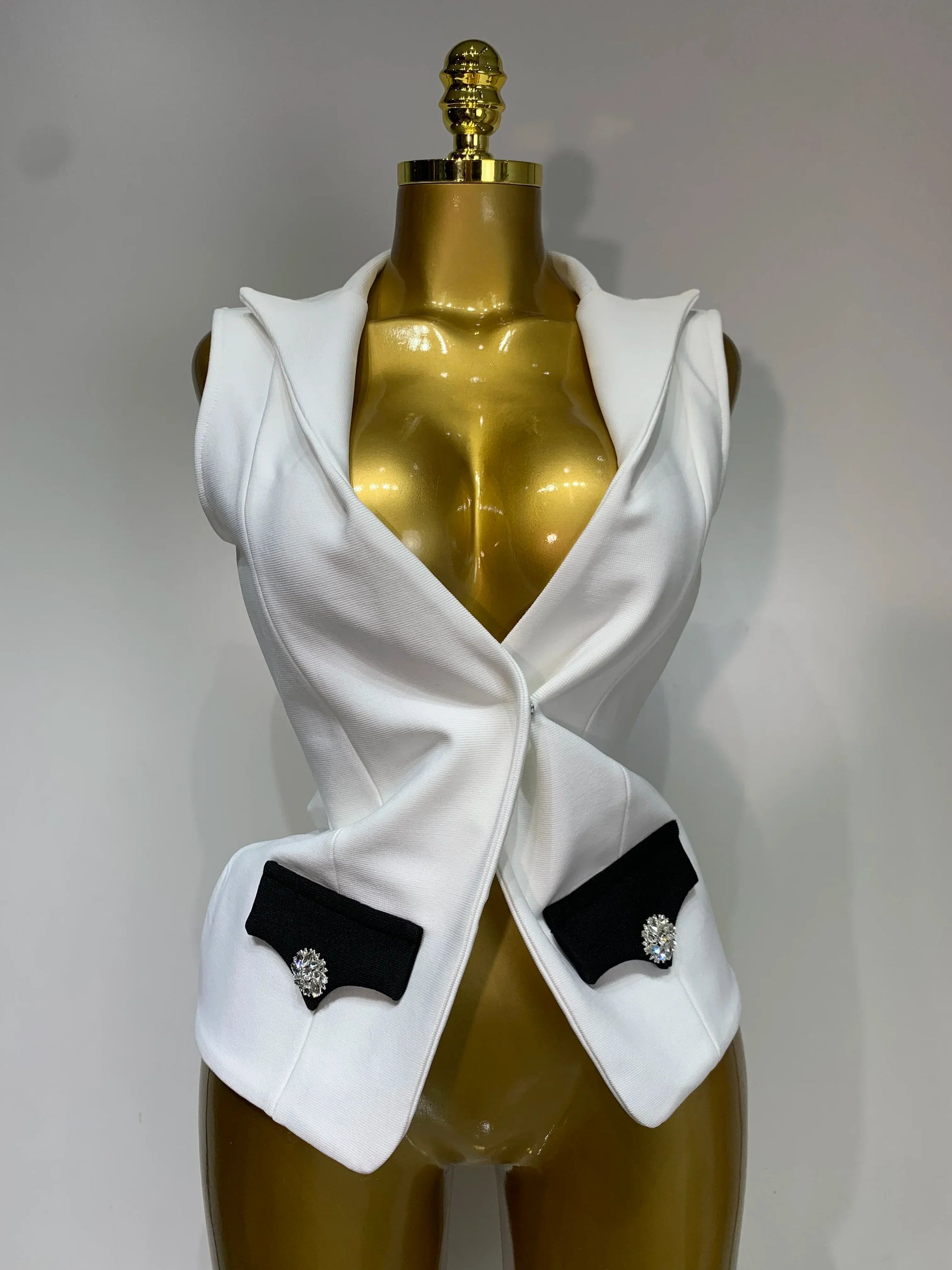 New Designer Fashion Black White Bandage Jacket Two Piece Set Women Slim Fit Diamond Button Suit Jackets Coat