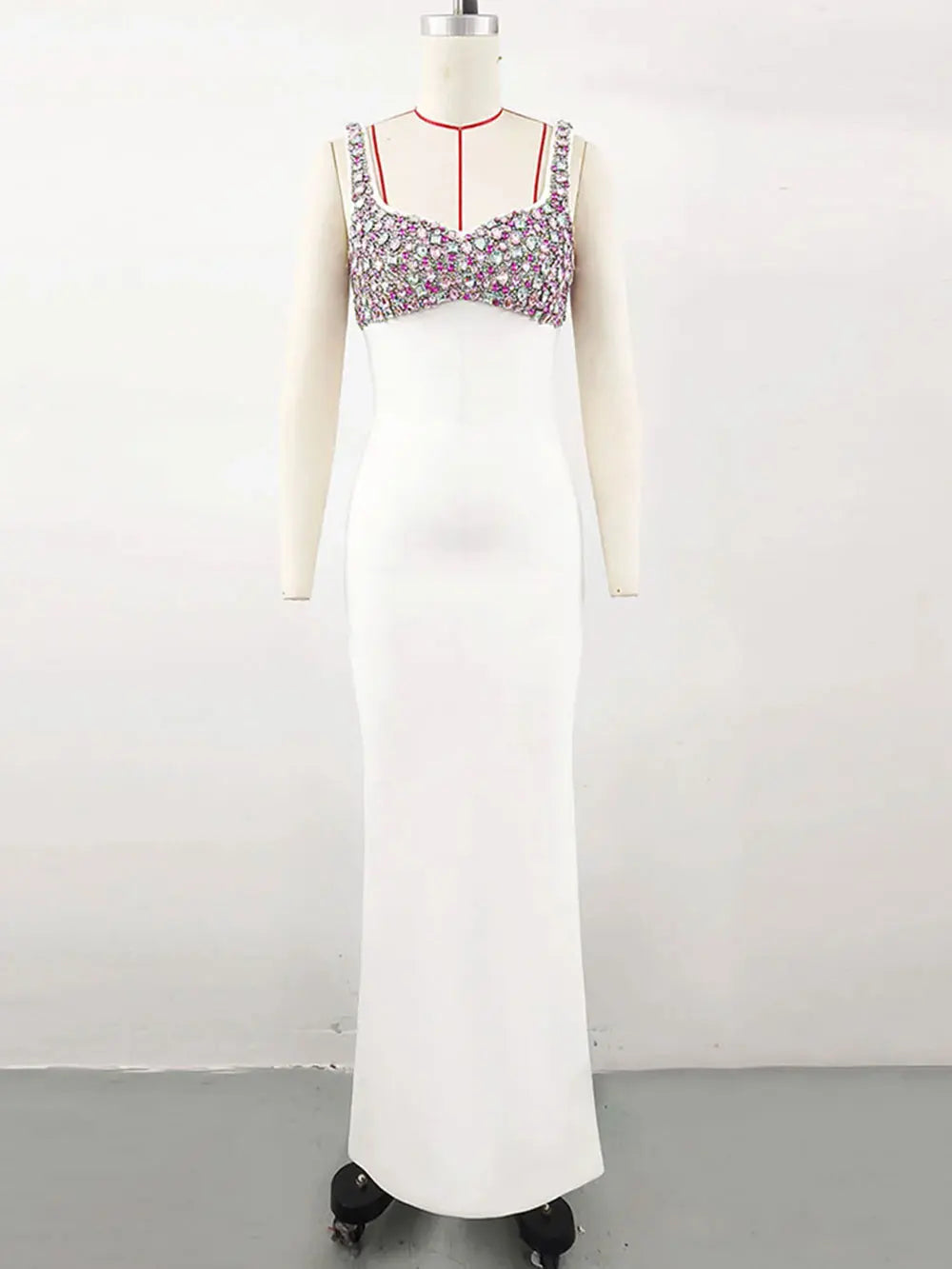 2024 Elegant Women's Diamond Design Bandage Dress Spaghetti Strap Sleeveless Bodycon Long Dress Cocktail Evening Party Vestidos WHITE