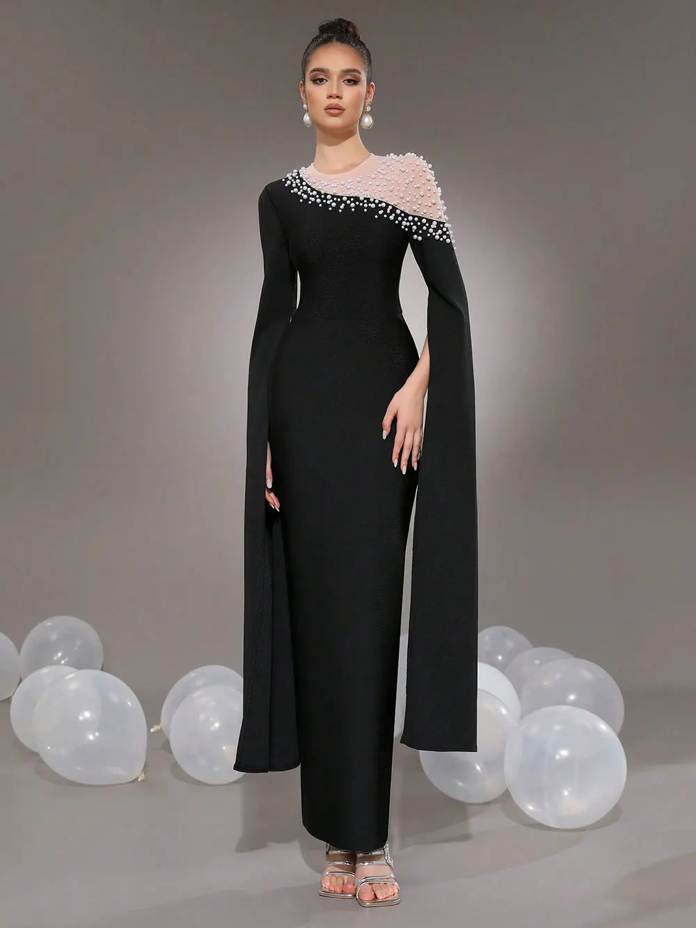 2025 Elegant Women Light Luxury Nail Bead Patchwork Bandage Dress O-Neck Extra Long Sleeve Bodycon Long Dress Club Party Vestido