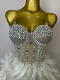 Women Sexy Sparkly Rhinestone Mesh Feather Long Dress Elegant Evening Party Celebrate Birthday Performance Costume