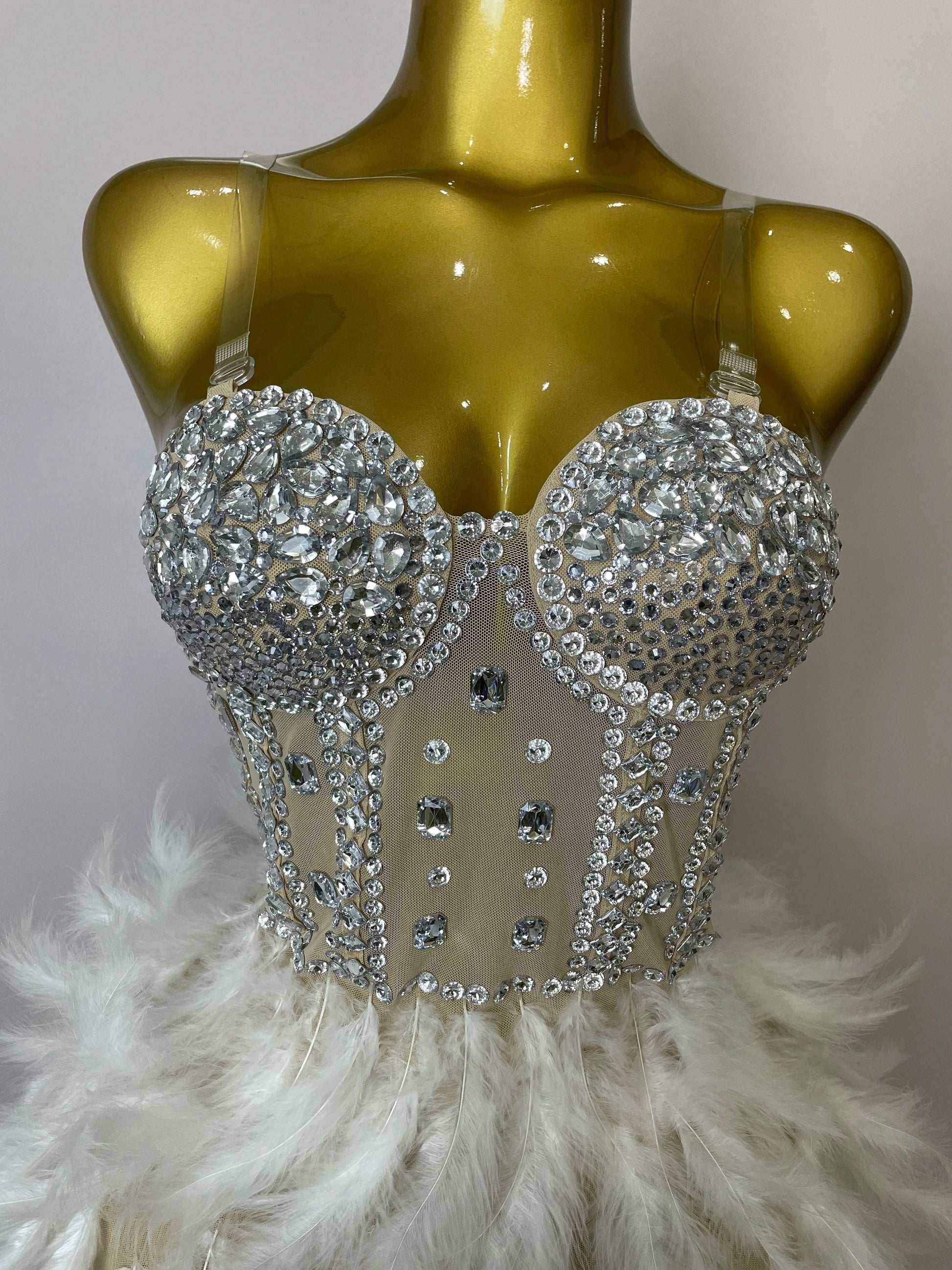 Women Sexy Sparkly Rhinestone Mesh Feather Long Dress Elegant Evening Party Celebrate Birthday Performance Costume