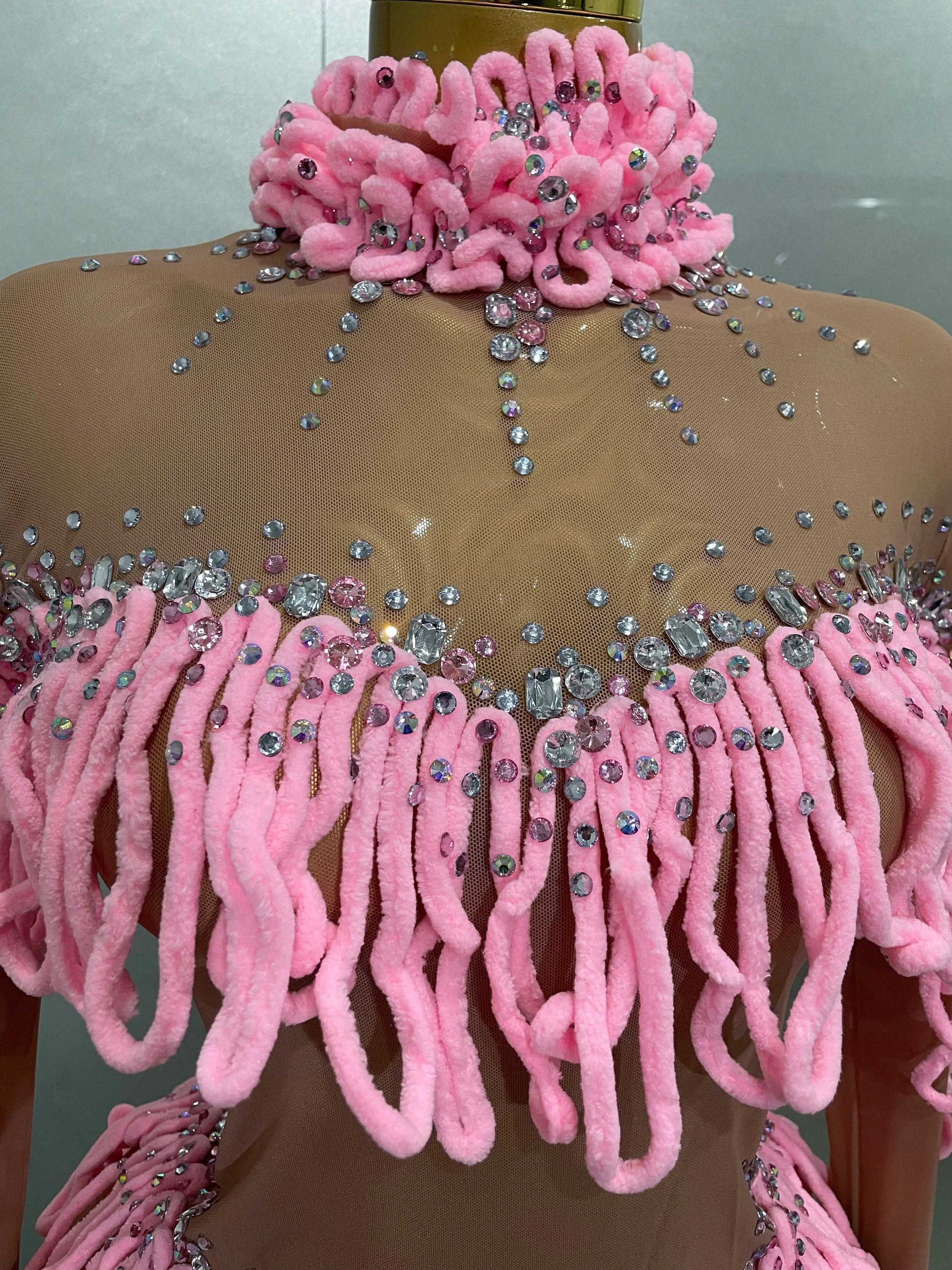 Women Shining Rhinestones Sexy Mesh Tassels Bodysuit Birthday Party Club Performance Dance DJ Leotard Show Stage Wear