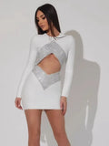 2022 New Autumn Rayon Bandage Women Long Sleeve Sexy Holes Bodycon Mini Dress Celebrate Fashion Nightclub Party Outfit Vestido WHITE