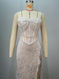 2025 Light Luxury Beaded Design Maxi Dress Spaghetti Strap Sleeveless Slimming Split Lace Long Dress Evening Party Vestido
