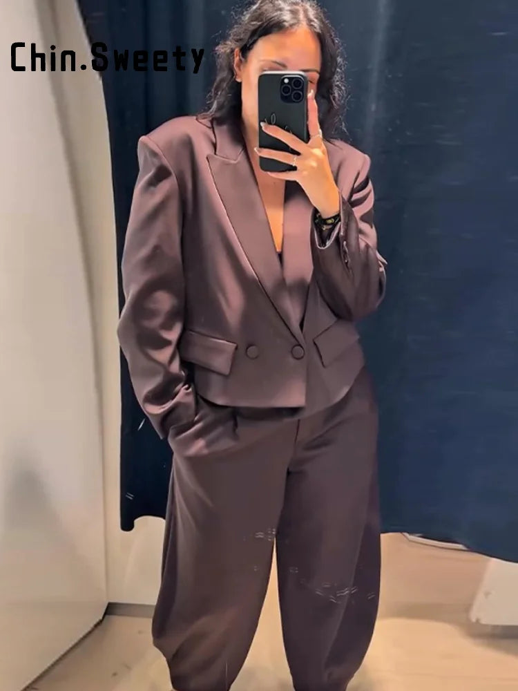 Elegant Satin Crop Jacket Pants Set Women V Neck Double Breast Jackets Pant Suits 2026 Spring Office Lady Buttons Outfit