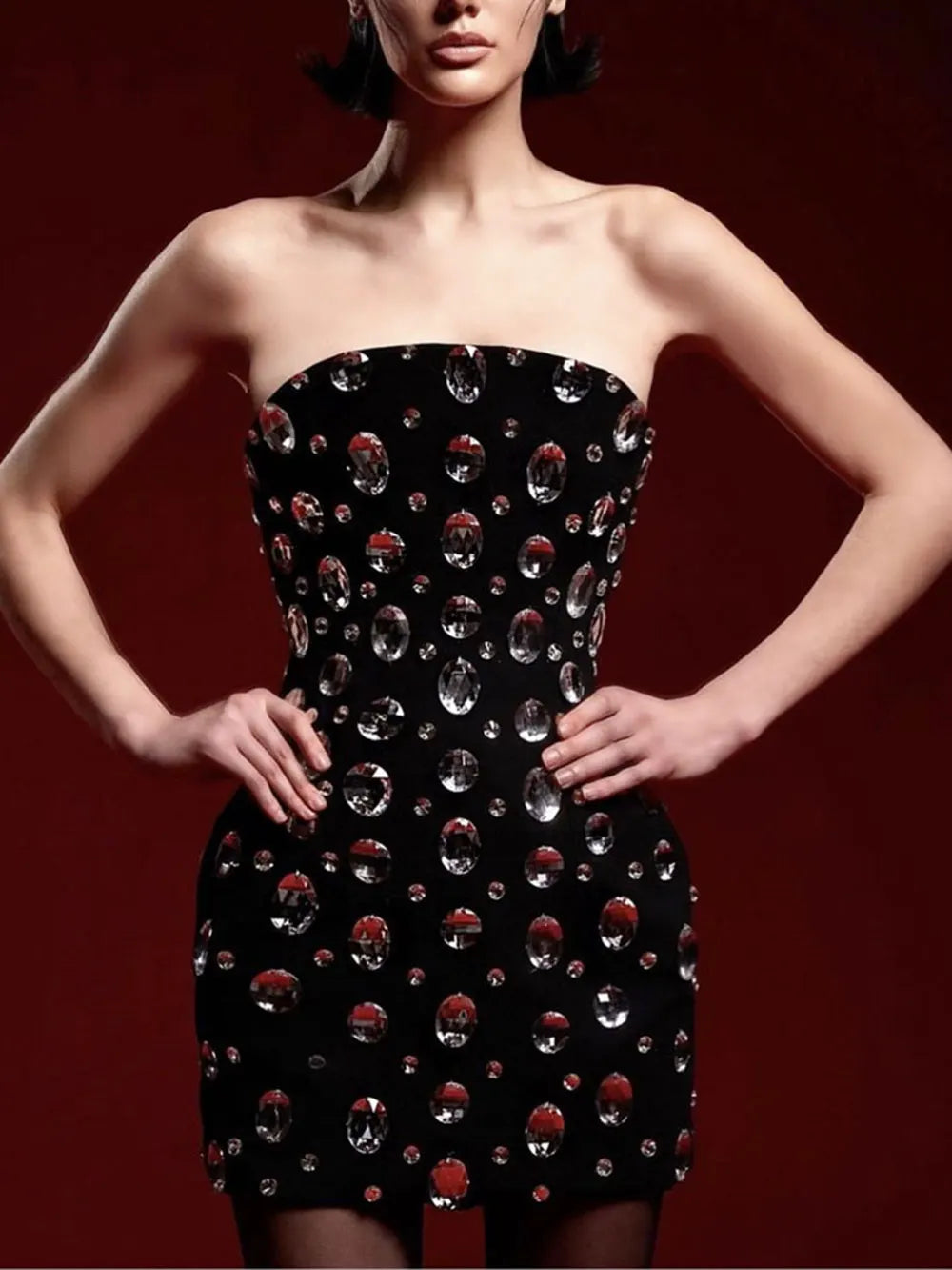 Spring Sexy Women's Light Luxury Nail Bead Bandage Dress Strapless Sleeveless Bodycon Bareback Mini Dresses Party Vestidos