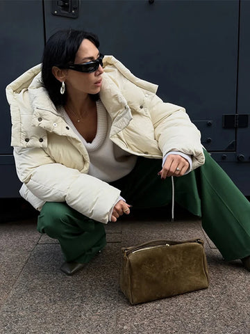 Detachable Hooded Padded Jacket Women Elegant Stand Collar Long Sleeve Loose Autumn Winter Coat Jackets Chic New Lady Outerwears